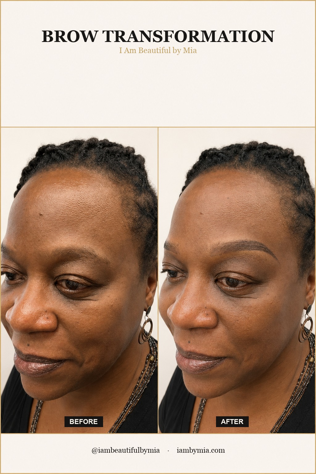 Brow transformation before and after on deep skin — I Am Beautiful by Mia, Atlanta